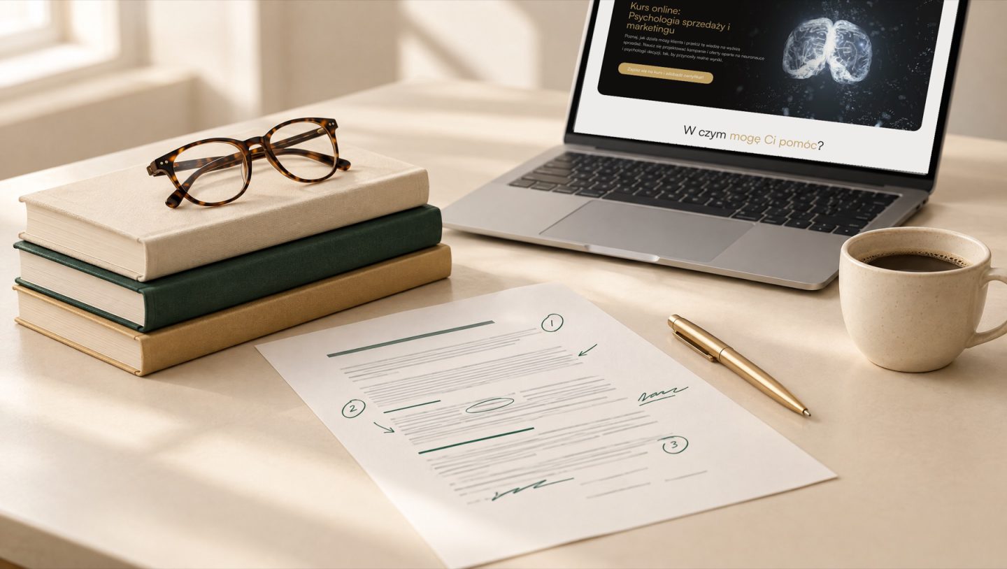 Biurko eksperta: książki, okulary, oferta z poprawkami i laptop ze stroną Neurostrategii