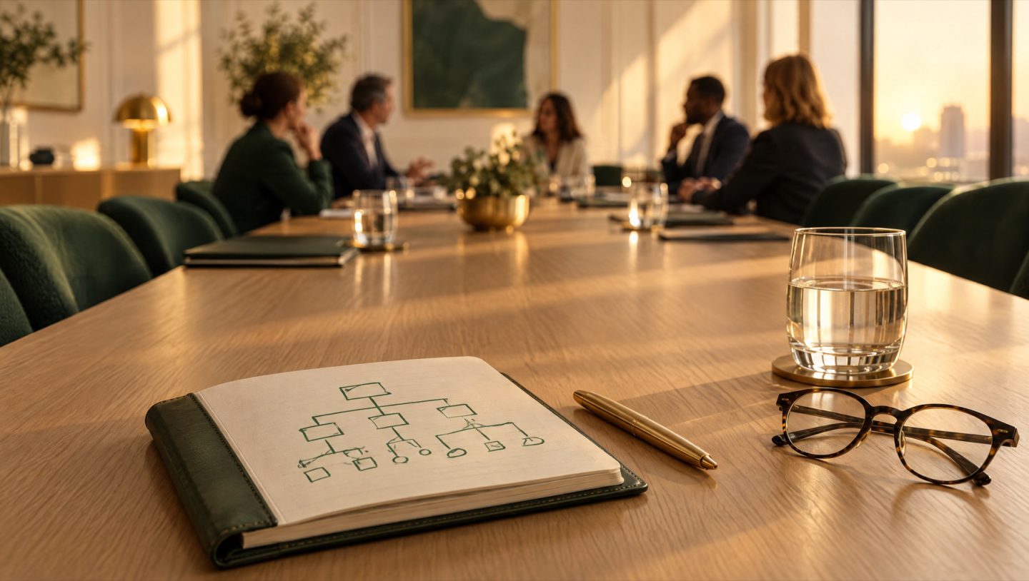 Sala zarządu, notes ze schematem organizacji
